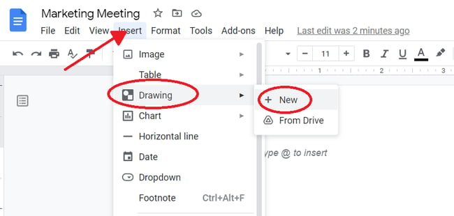 نحوه اضافه کردن یک کادر متنی در Google Docs: منوی درج