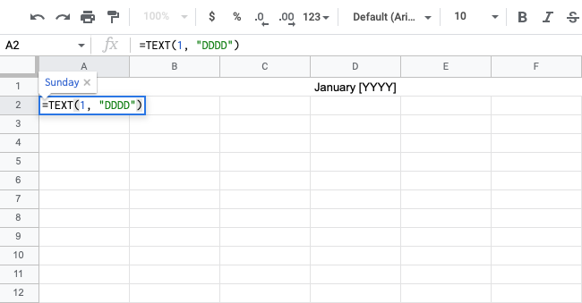 how to make a google sheets calendar: insert weekdays formula