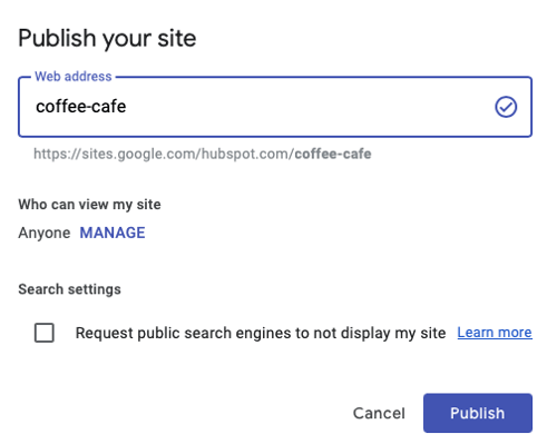 how to use google sites: choose site web address