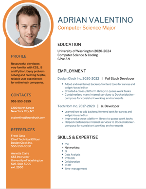 Infographic resume on white background with bright orange left panel.