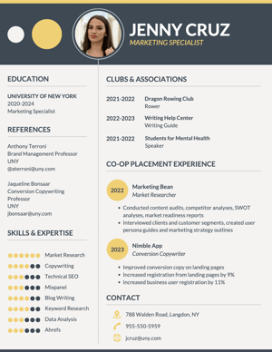 A gray infographic resume with pops of yellow design elements.