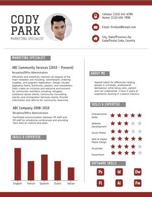 A white infographic resume with dark red accents used in icons and graphs