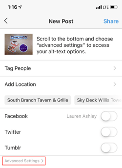  instagram seo, instagram post settings with a red box around the words “advanced settings”