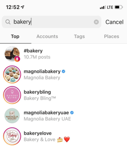 instagram seo, top 5 results for searching the word “bakery”