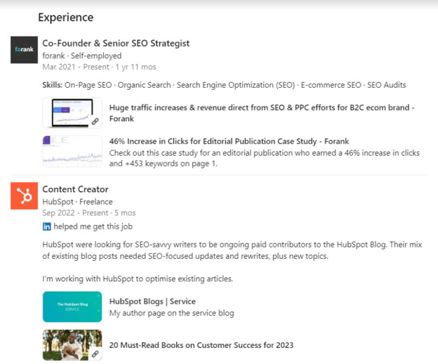 Screenshot of the experience section of a LinkedIn profile