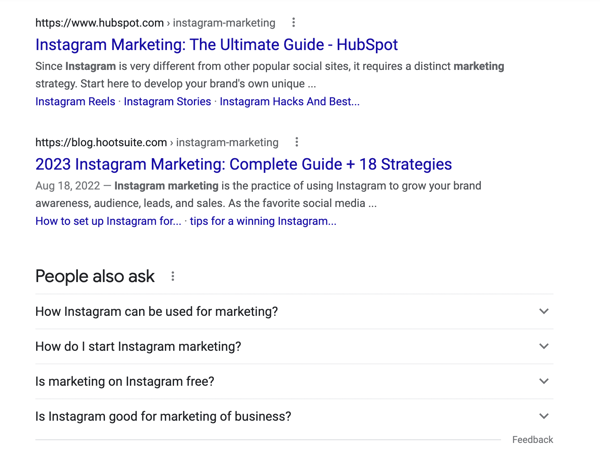Google Search results for Instagram marketing