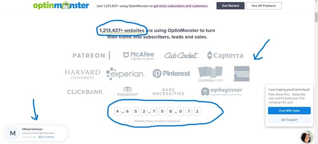 How OptinMonster leverages social proof to create credibility cues