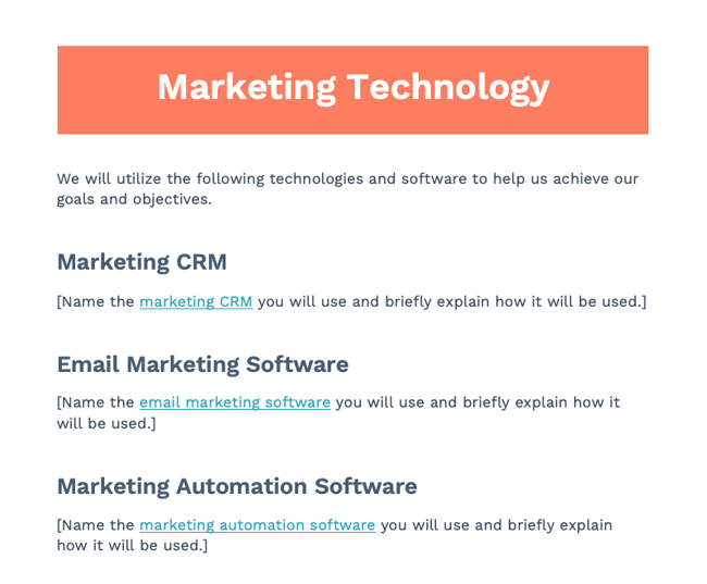 marketing plan outline: marketing technology