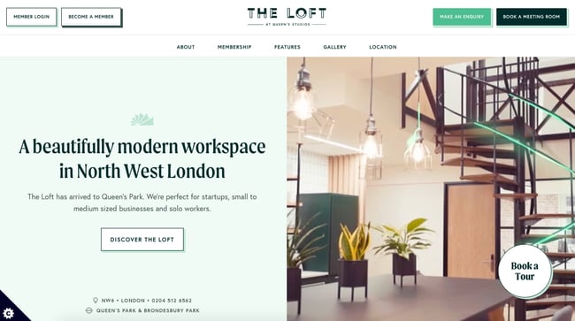 membership website example: The loft homepage features CTA buttons to become a member, book a meeting room, or book a tour