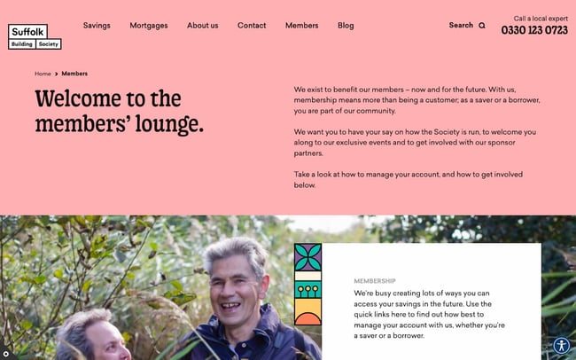 membership website example: Suffolk Building Society's dedicated member's lounge landing page