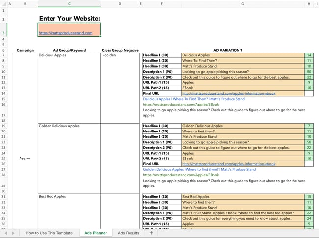 free marketing Microsoft Excel template: ppc ads