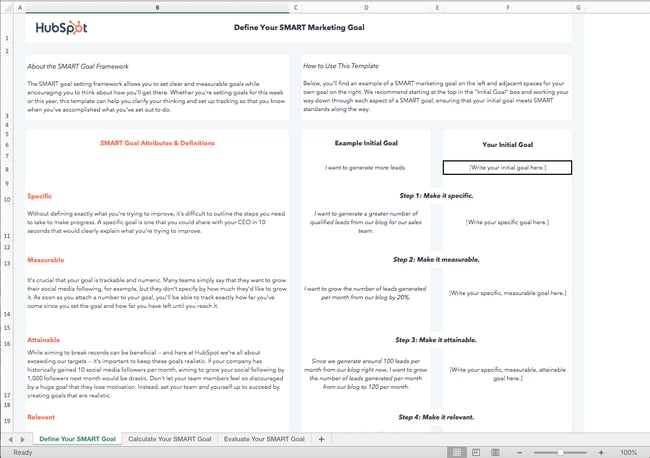 free marketing Microsoft Excel template: smart goals