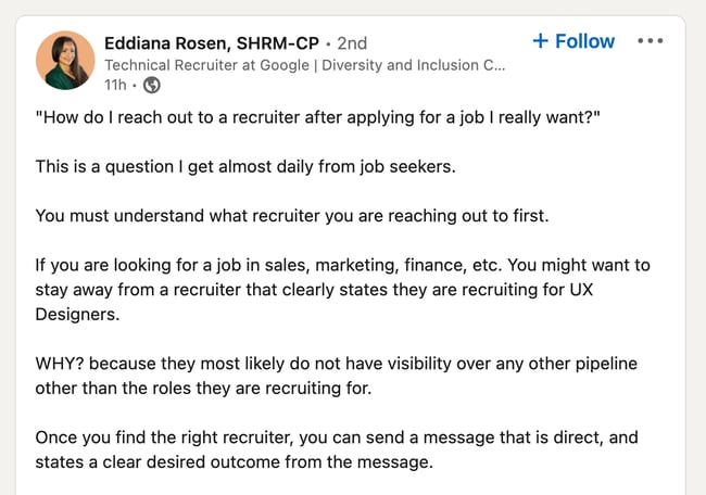 Eddina Rosen LinkedIn post about sending InMail to recruiters
