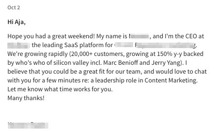 Enthusiastic LinkedIn InMail example for a recruiter or hiring manager