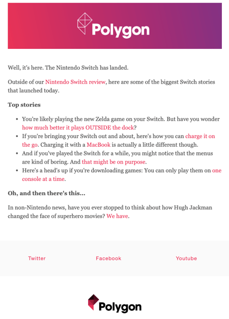 Best email newsletter examples, example from polygon