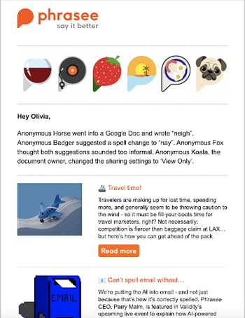 Alt: Best email newsletter examples, example from Phrasee.