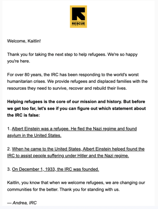 nonprofit newsletter example, the International Rescue Committee