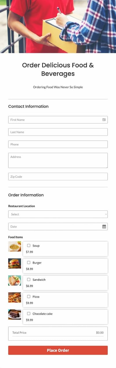 order form example: food and beverage