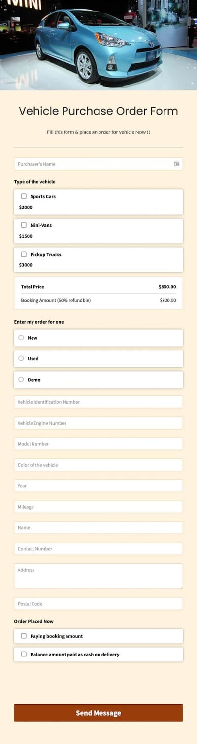 order form example: vehicles