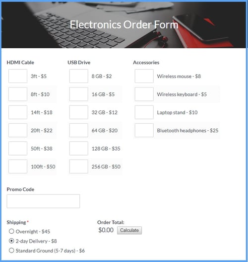 order form example: electronics