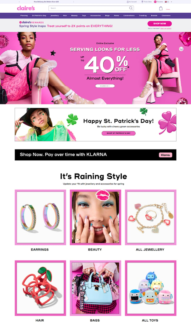 Claire's is an excellent example of a pink site succeeded. Pink is utilized in the hero and to assist CTAs stick out.