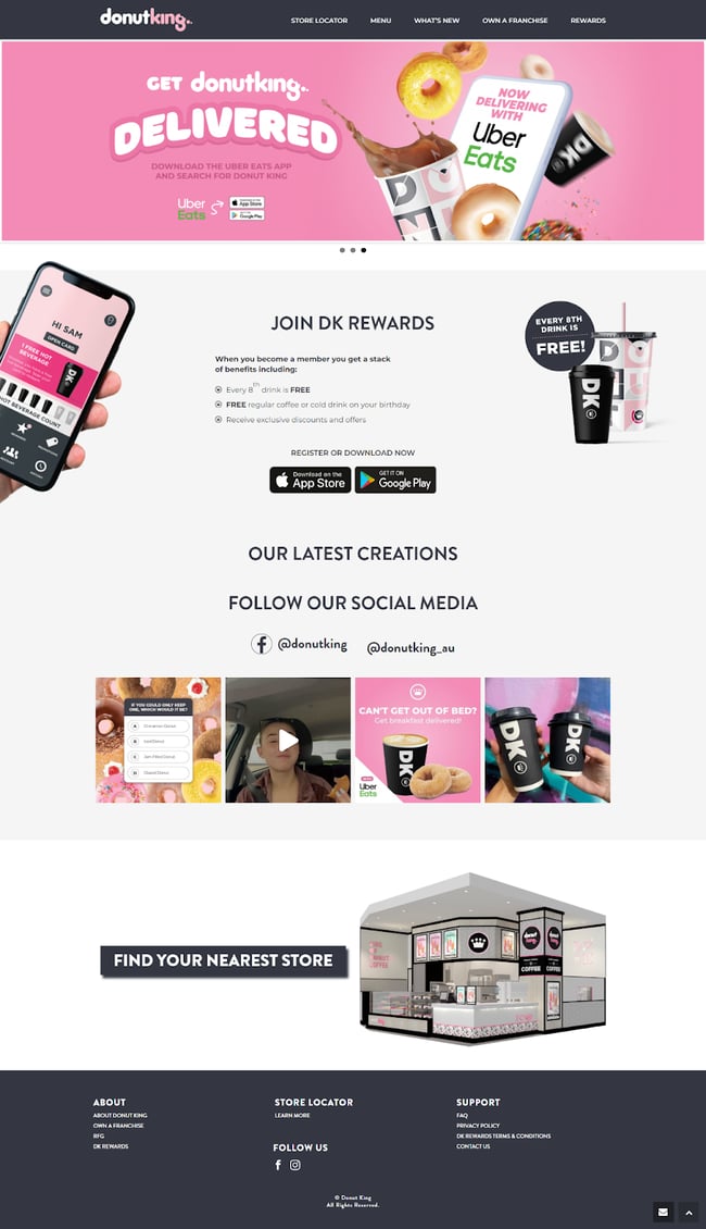 Donut King includes pink in its logo design and site style as seen on the homepage screenshot.