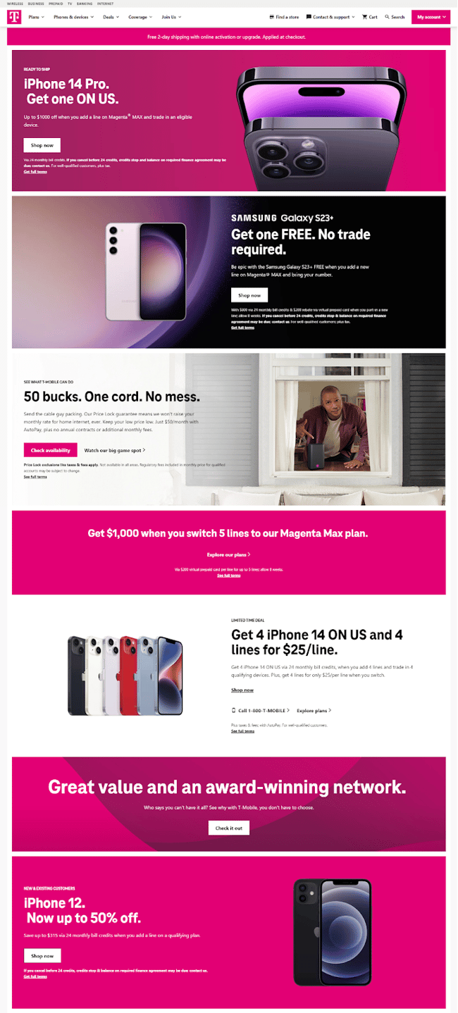 T-Mobile's pink site color pattern is the brightest pink site style in this round-up.