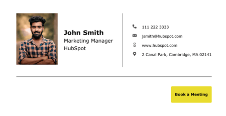 horizontal email signature example using sample information for John Smith, Marketing Manager, HubSpot
