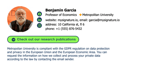 professional email signature example, Benjamin Garcia, Professor of Economics, Metropolitan University