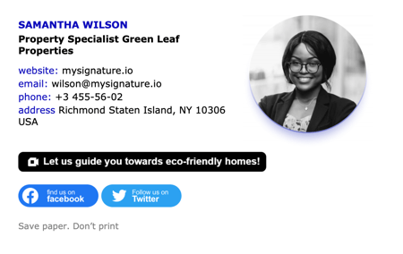 real estate email signature example, Samantha Wilson, Property Specialist, Green Leaf Properties