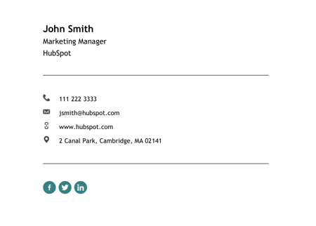 simple email signature example using sample information for John Smith, Marketing Manager, HubSpot