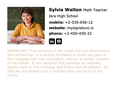 school teacher professional email signature example, Sylvia Walton, Math Teacher, Isra High School