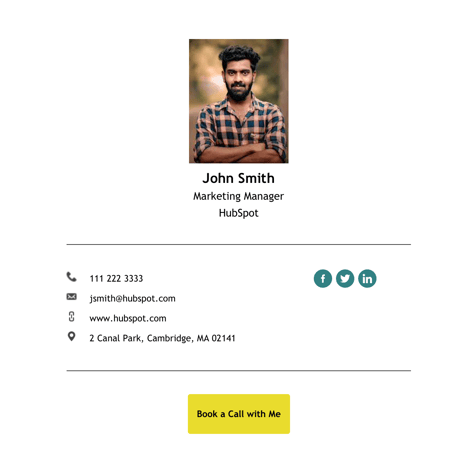 email signature example with a personalized meeting link using sample information for John Smith, Marketing Manager, HubSpot