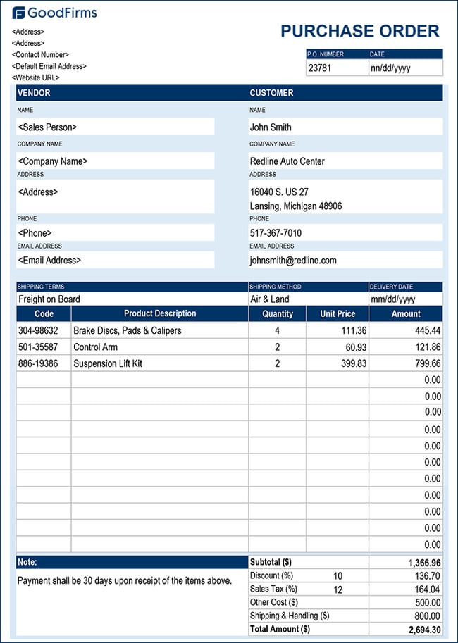 complete purchase order example from GoodFirms