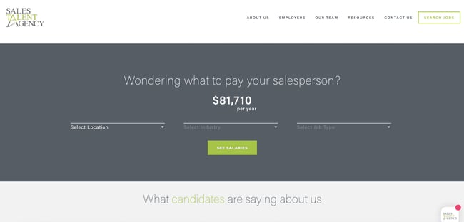 The homepage for Sales Talent Agency is an example of a recruitment website design.