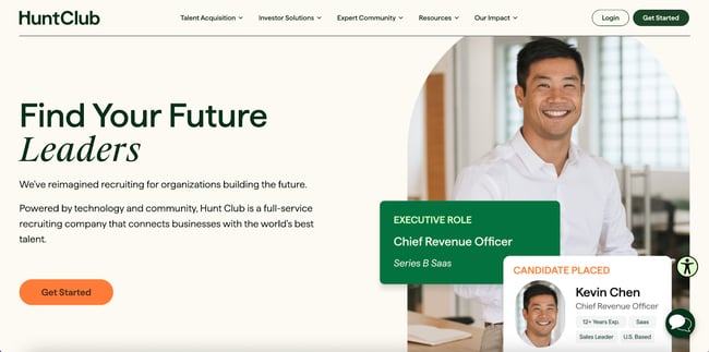 The homepage for recruiting company HuntClub is an example of a recruitment website design.
