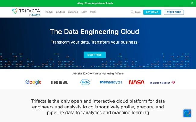 data cleaning tool Trifacta's landing page featuring customers including Google and NASA