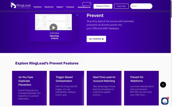 data cleansing tool RingLead Prevent's landing page featuring a demo video