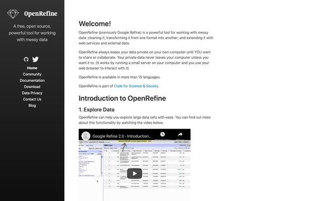 data cleaning tool OpenRefine's landing page featuring multiple demo videos
