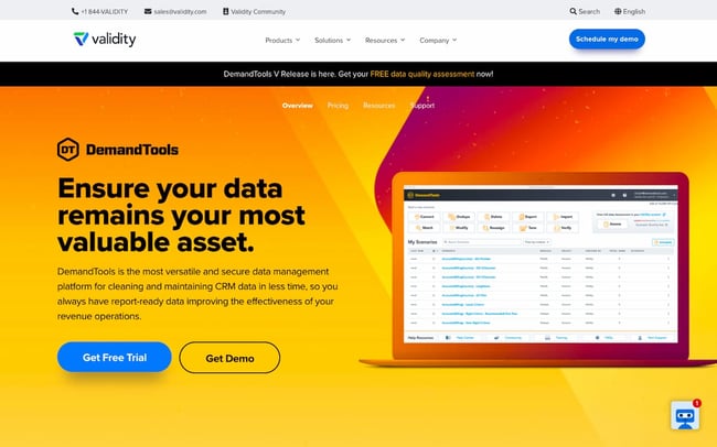 data cleaning tool DemandTools's landing page featuring a Get Free Trial CTA button