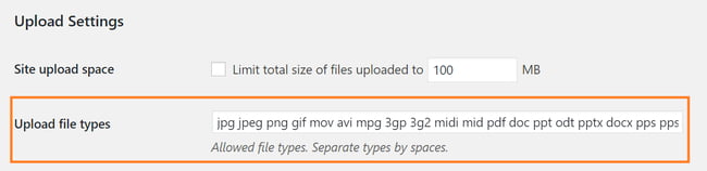 Adding allowed file types in upload settings of WordPress multisite installation