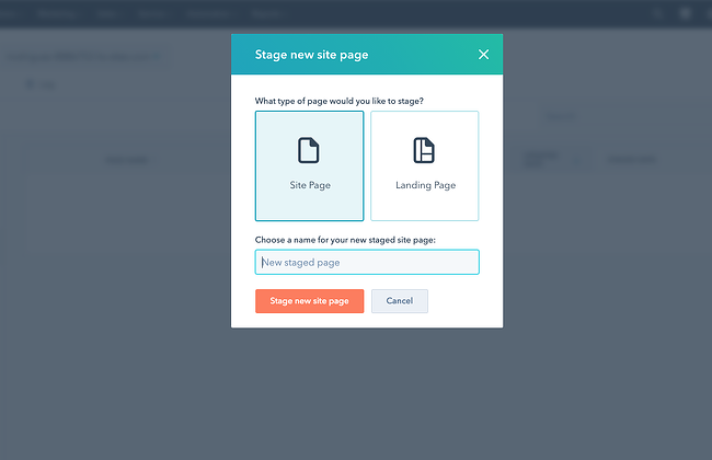 Staging website in HubSpot's CMS: Create new staged page dialog box