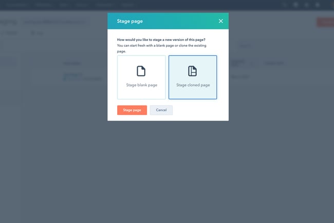 Staging website in HubSpot's CMS: Stage cloned page pop-up