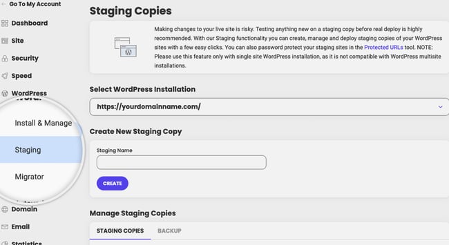 Staging website in WordPress CMS: SiteGround staging site option on the cPanel dashboard
