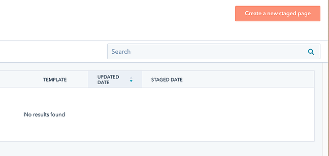 Staging website in HubSpot's CMS: Create new staged page button in CMS Hub content staging dashboard