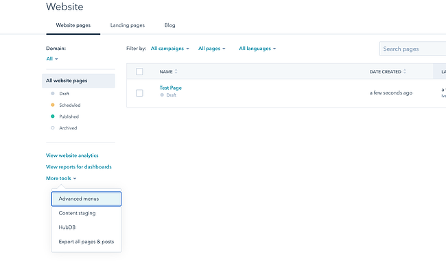 Staging website in HubSpot's CMS Hub: More Tools option in Website Pages dashboard in CMS Hub