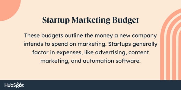Startup Marketing Budget These budgets outline the money a new company intends to spend on marketing.  Startups typically take into account expenses such as advertisements, content marketing, and automation software.
