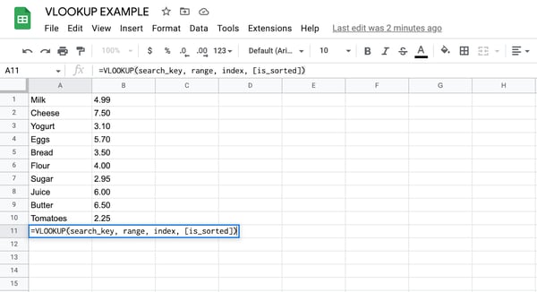 نحوه استفاده از vlookup در Google Sheets، مرحله 5: فرمول را در سلول تایپ کنید