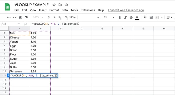 How to use vlookup in Google Sheets, step 8: replace “index” with desired value
