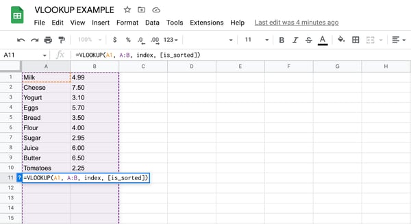 How to use vlookup in Google Sheets, step 7: replace “range” with desired value